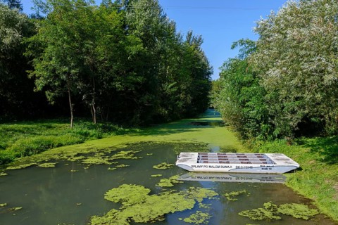 Ship in the green river of the Little Danube under a clear blue sky, Tomasikovo, Tomasikovo,