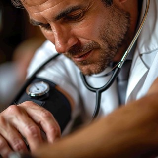 A man checks his blood pressure with a measuring device. Avoidance of bulk hypertension, scarcity,