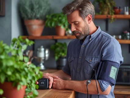 A man checks his blood pressure with a measuring device. Avoidance of bulk hypertension, scarcity,