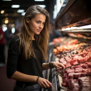 Young woman shopping in supermarket, at the cheese counter, meat counter, fruit stand, bakery, fish