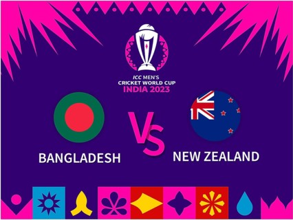 Promotional poster for a cricket match between Bangladesh and New Zealand in ICC Men's World Cup