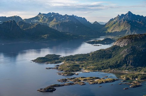 Fjord Raftsund and mountains, view from the top of Dronningsvarden or Stortinden, Vesteralen,