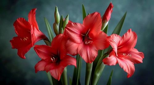 Vibrant red Butterfly sword lily, Gladiolus papilio blooms with green stems against a nuanced