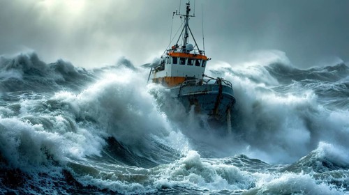 A heavy storm sweeps over the sea and creates very high waves at wind force 12 and in the middle of