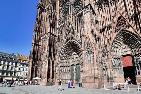 Strasbourg, France, September 2023: Entrance door of famous Strasbourg Cathedral in France in