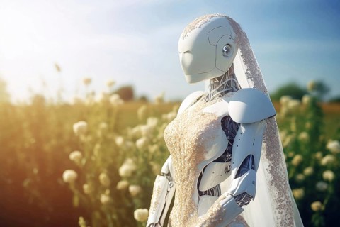 AI android robot wearing wedding dress and veil. KI generiert, AI generated