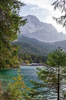 Zugspitze massif and Zugspitze with Eibsee lake, Wetterstein mountains, Grainau, Werdenfelser Land,