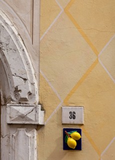 House number with lemon decoration, Limone sul Garda, Lake Garda, Province of Brescia, Lombardy,