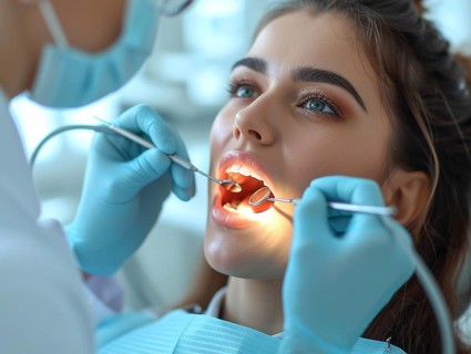 A patient is treated in a dental practice by a dentist, AI generated