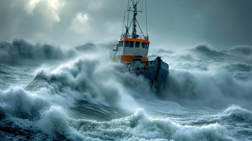A heavy storm sweeps over the sea and creates very high waves at wind force 12 and in the middle of