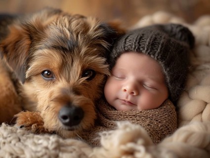 A newborn baby nestled in warm blankets, small dog next to it, ai generated, AI generated