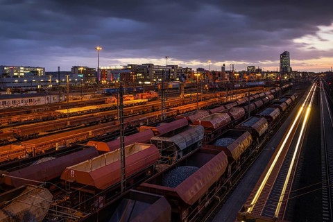Numerous wagons are parked at the Frankfurt East freight station, near the European Central Bank