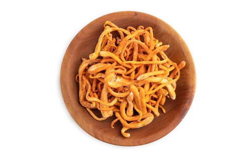 Fresh Cordyceps militaris mushrooms isolated on white background. Top view, flat lay, copy space