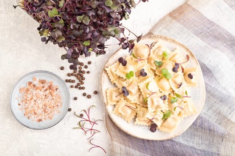 Dumplings with pepper, salt, herbs, microgreen on gray concrete background and linen textile. Top
