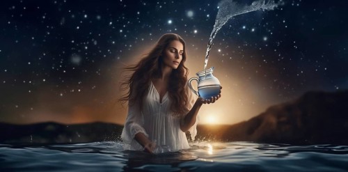 Young woman Aquarius according to the zodiac sign with brown hair and blue eyes against the