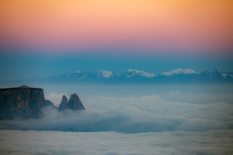 Sea of fog with Dolomite peaks in the background at blue hour, Corvara, Dolomites, Italy, Europe