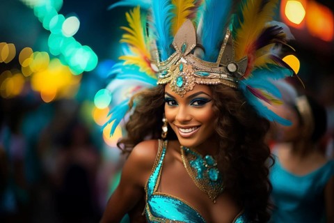 Captivating image capturing the essence of the Rio Carnival, showcasing a dancer adorned in an