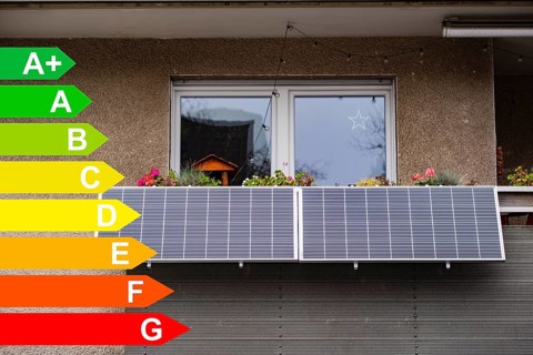Balcony power station on an apartment block, diagram with energy efficiency classes for buildings