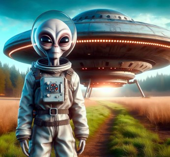 Science fiction, space travel, an extraterrestrial alien stands in front of a UFO on planet earth,