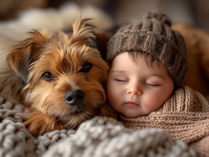 A newborn baby nestled in warm blankets, small dog next to it, ai generated, AI generated