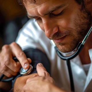 A man checks his blood pressure with a measuring device. Avoidance of bulk hypertension, scarcity,