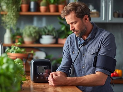 A man checks his blood pressure with a measuring device. Avoidance of bulk hypertension, scarcity,