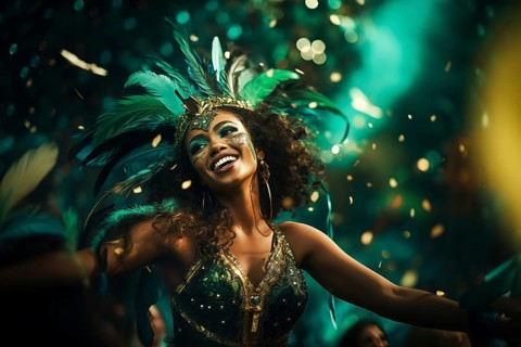 Captivating image capturing the essence of the Rio Carnival, showcasing a dancer adorned in an