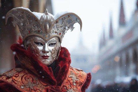 A person adorned in a richly detailed and colorful carnival costume, complete with an elaborate