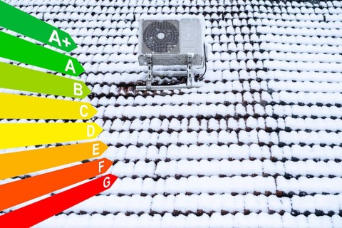 Air conditioning system on a snow-covered roof, graphic with energy efficiency classes for