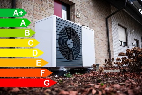 Heat pump on a detached house, diagram with energy efficiency classes for buildings according to