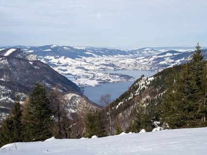 Winter atmosphere, snowy landscape, view from the Schafbergalm to the Mondsee, near St. Wolfgang am