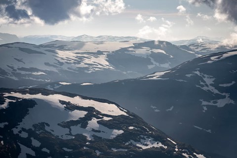 Mountain peak with Jostedalsbreen glacier, view from the summit of Skala, Loen, Norway, Europe