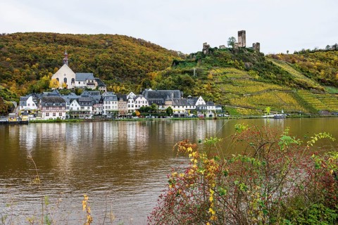 Vineyards in autumn colours and picturesque village, Beilstein, Moselle, Rhineland-Palatinate,