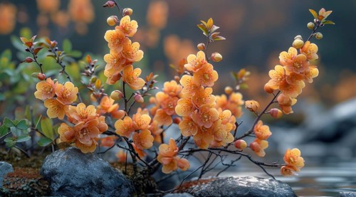 Vivid Berberis thunbergii orange blossoms emerging from rocks by water, creating a tranquil scene,