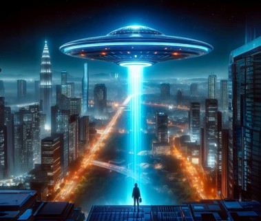 An alien UFO, a flying saucer, flies over the skyline of a metropolis on planet Earth, AI