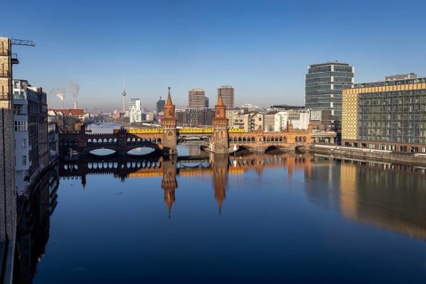 Oberbaum Bridge over the Spree, underground train BVG, city view Berlin, Friedrichshain-Kreuzberg,