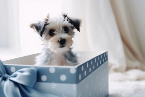 Small dog in blue gift box. KI generiert, generiert AI generated