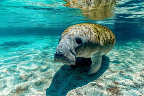 A manatee (Trichechus manatus) swims serenely in clear blue water, surrounded by natural beauty, AI