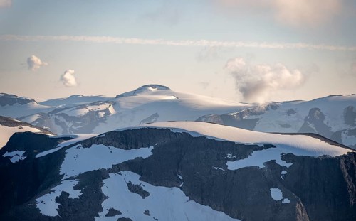 Mountain peak with Jostedalsbreen glacier, view from the summit of Skala, Loen, Norway, Europe