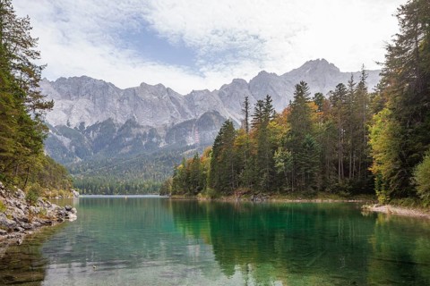 Zugspitze massif and Zugspitze with Eibsee lake, Wetterstein mountains, Grainau, Werdenfelser Land,