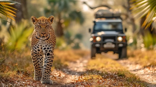 Leopard (Panthera pardus) in natural environment with Jeep, Landrover, AI generated