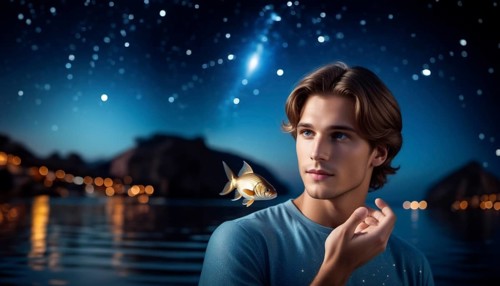 A young man Pisces according to the zodiac sign with brown hair and blue eyes with a fish in his