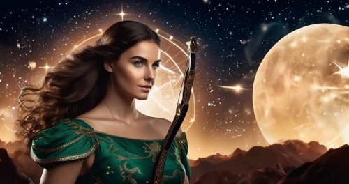 Young woman Sagittarius zodiac sign with dark hair and green eyes against the background of the
