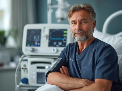 A man checks his blood pressure with a measuring device. Avoidance of bulk hypertension, scarcity,
