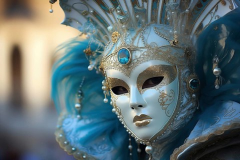 A person adorned in an elaborate and elegant costume, capturing the essence of the Venice Carnival