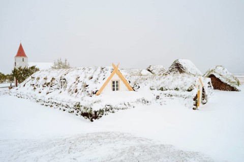 Grass sod houses, peat farm or peat museum Glaumbaer or Glaumbaer in winter, Skagafjoerour,