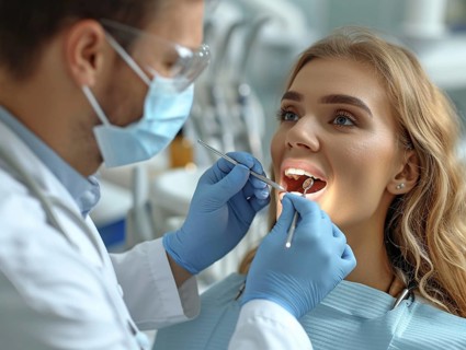 A patient is treated in a dental practice by a dentist, AI generated