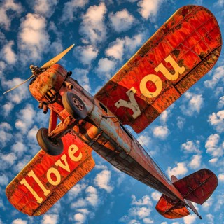 An old red high-wing plane with a radial engine and balloon tyres, I Love You written on the wings,