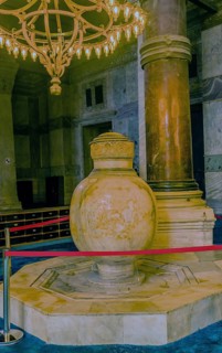Large 16th century marble jar on display inside Hagia Sopia Mosque in Istanbul, Turkiye