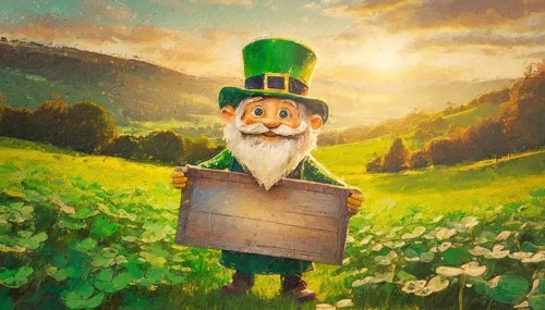 Happy st patrick's day background with an old leprechaun holding a blank wooden board on a green